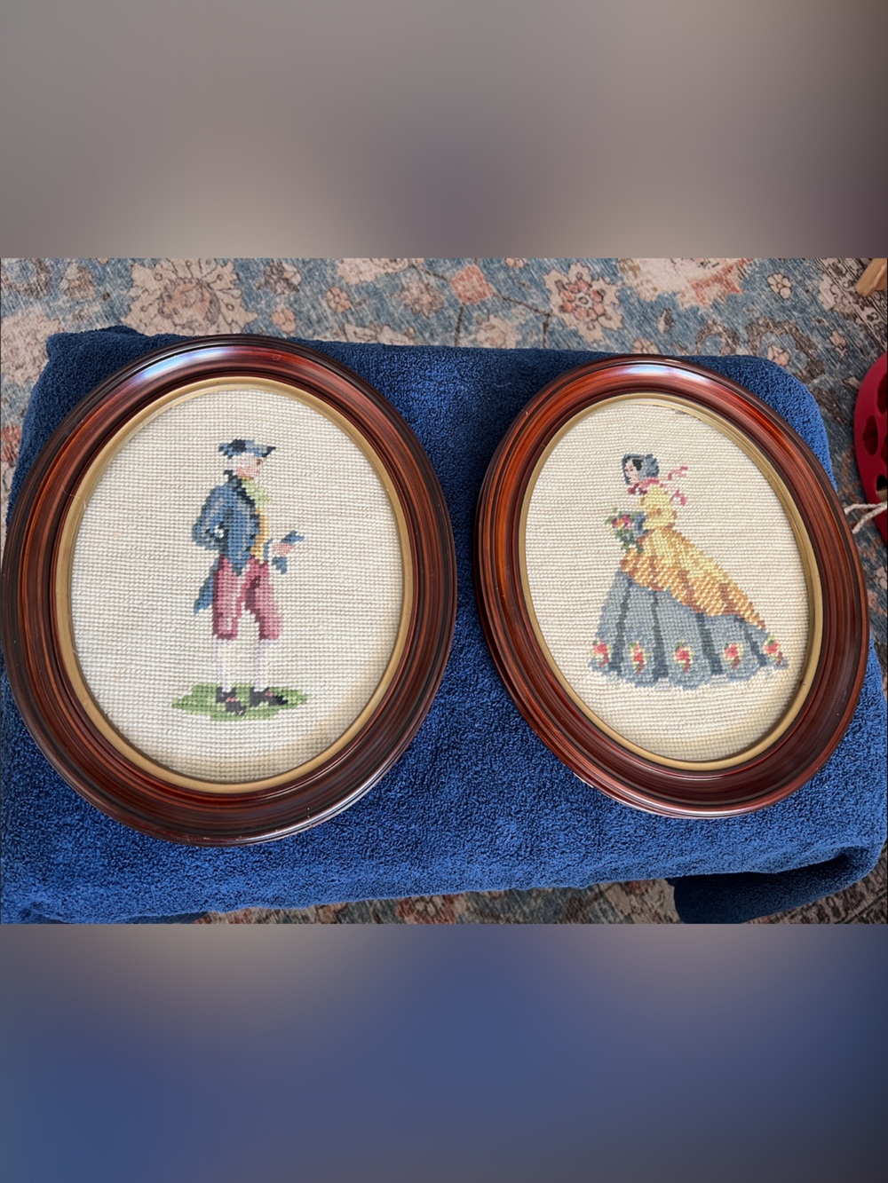Vintage Needlepoint Framed Colonial Man and Woman Pair - Cream, Gray, Pink, Blue - Picture 12 of 12